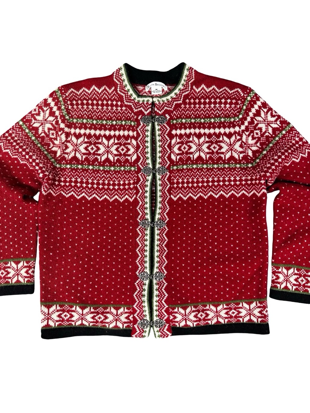 VTG Susan Bristol Wool Cardigan SZ M Fair Isle Nordic Red Green Holiday Ski